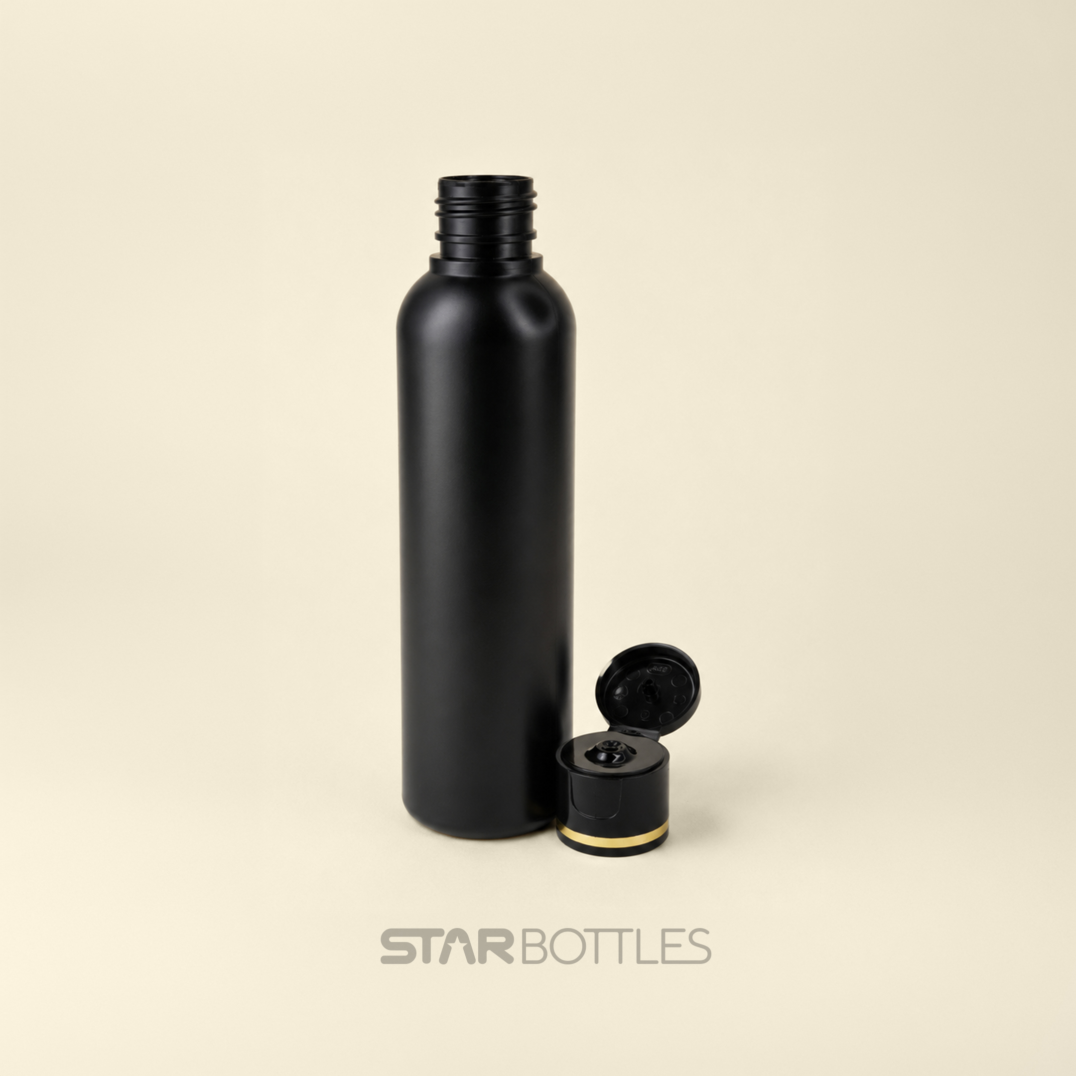 200 ml Round HDPE Bottle Black with Black Gold foiling FTC 2